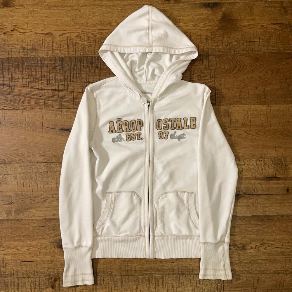 Aeropostale Zip Up Hoodie Womens L Cream Preppy Y2K Vintage Applique Logo